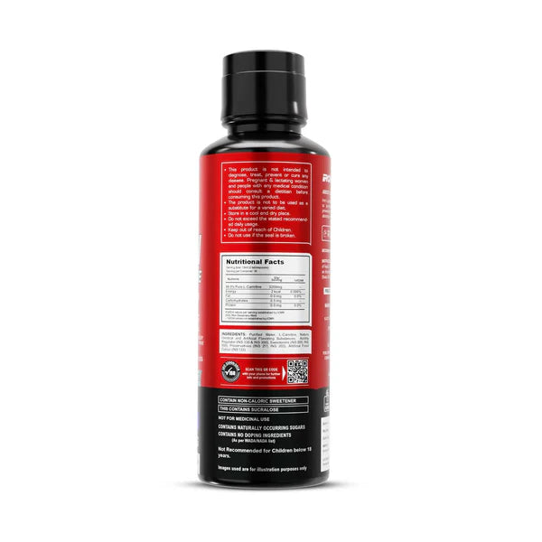 Red supplement bottle with black cap on a white background