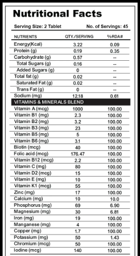 Nutritional facts label for a supplement with various vitamins and minerals listed.