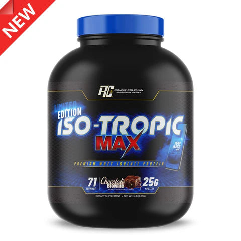 Black supplement container with blue cap labeled 'ISO-Tropic Max' on a white background