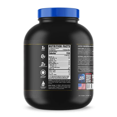 Black protein powder container with blue lid on a white background