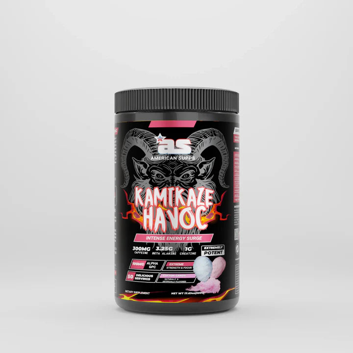 Kamikaze Havoc energy supplement container on a light gray background