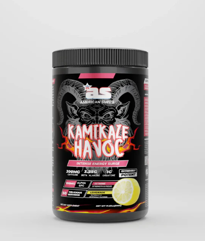 Supplement container labeled 'Kamikaze Havoc' on a gray background