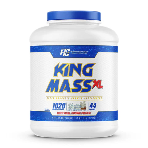 King Mass XL supplement container with blue and white design on a white background