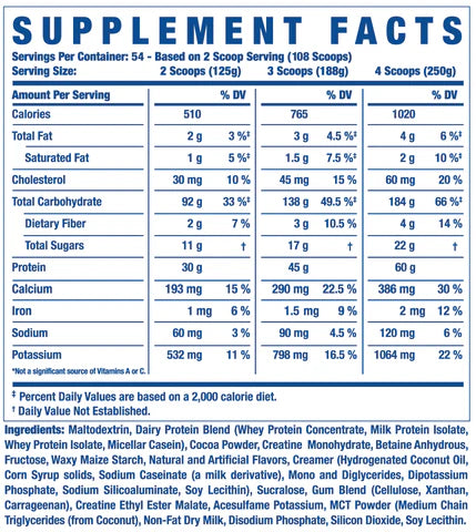 Supplement facts label with detailed nutritional information