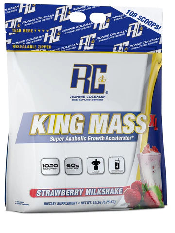 Package of Ronnie Coleman King Mass supplement with strawberry milkshake flavor on a white background