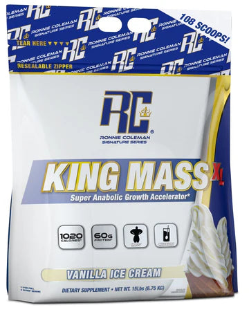  Ronnie Coleman King Mass X supplement package with vanilla ice cream flavor on a white background