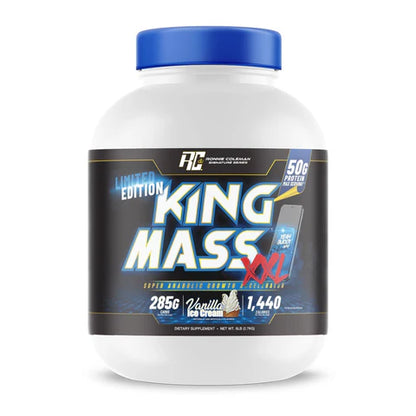 King Mass XXX supplement container with blue and white label on a white background