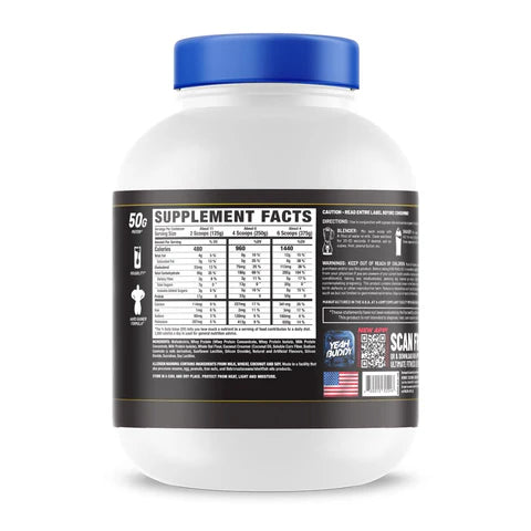 Supplement container with a blue lid and label showing supplement facts on a white background