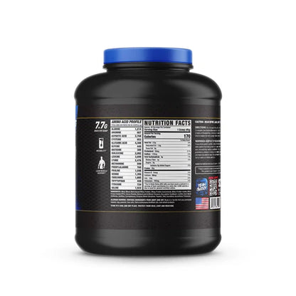 Black protein powder container with blue lid on a white background