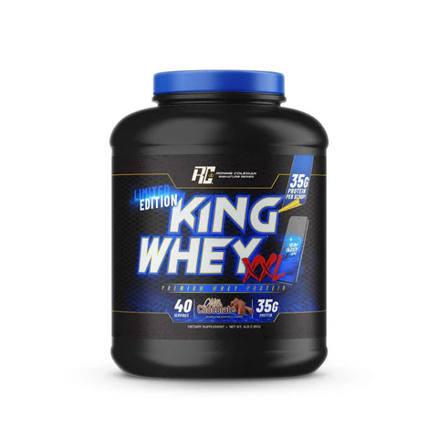 King Whey protein powder container with blue and black design on a white background