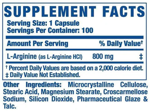 Supplement facts label for a capsule with L-Arginine content.