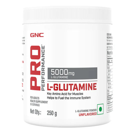 GNC Pro Performance L-Glutamine supplement container on a white background