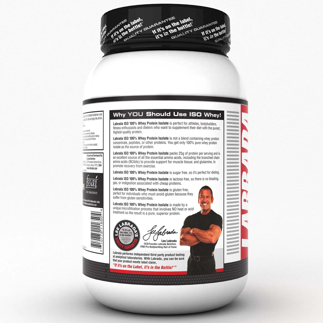 Protein powder container with label on a white background