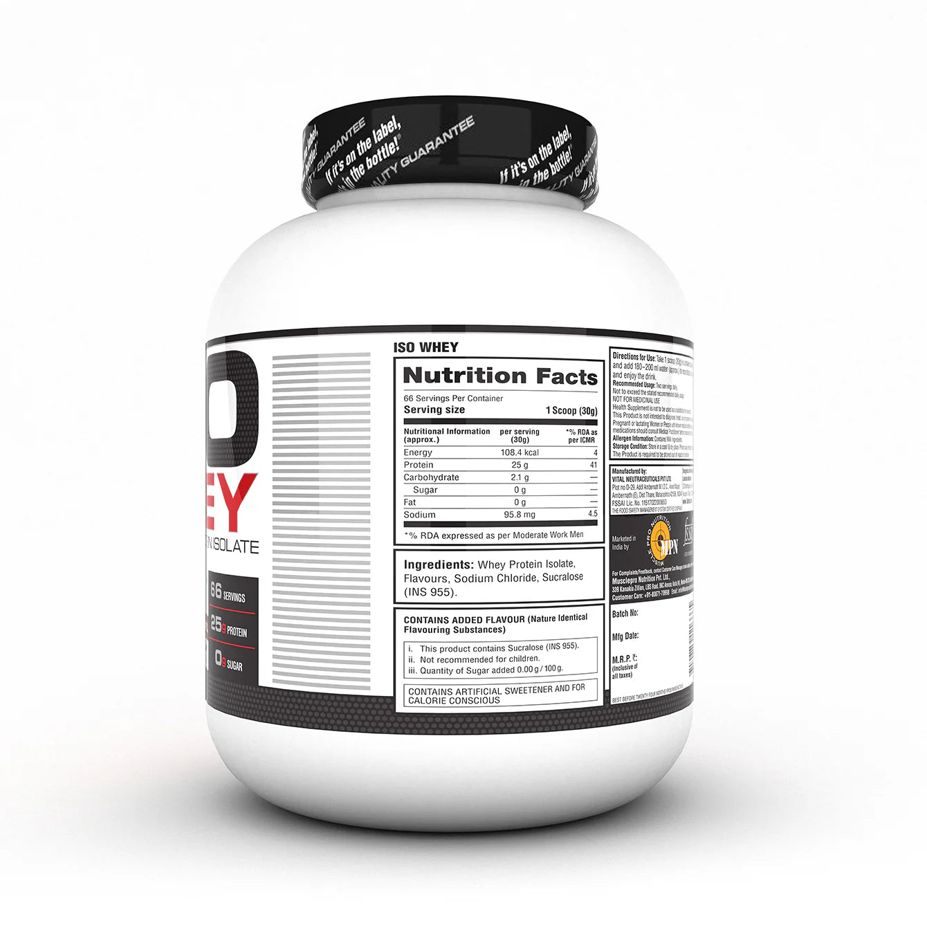 White protein powder container with black label on a white background