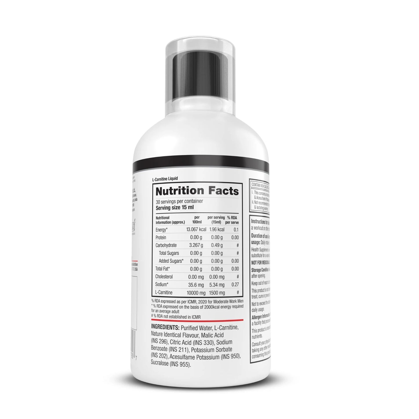 White supplement bottle with nutrition facts label on a white background