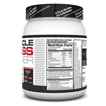 Protein powder container with label showing nutrition facts and ingredients on a white background