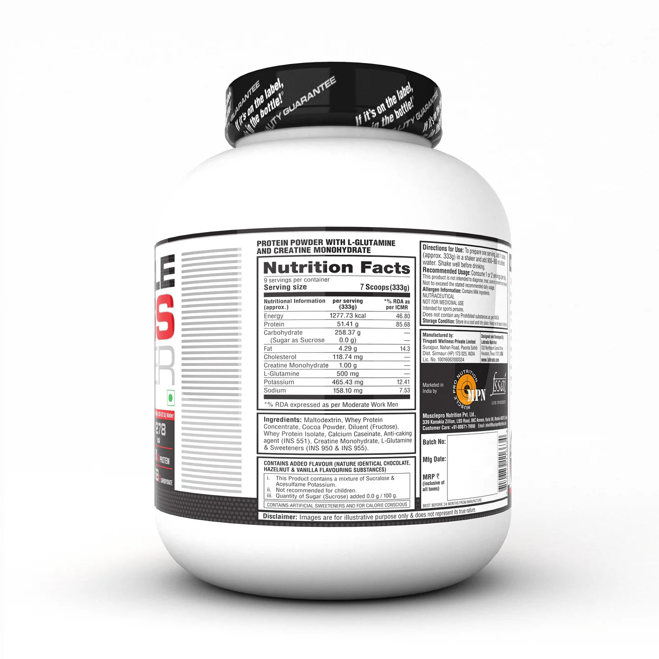 White protein powder container with black label on a white background