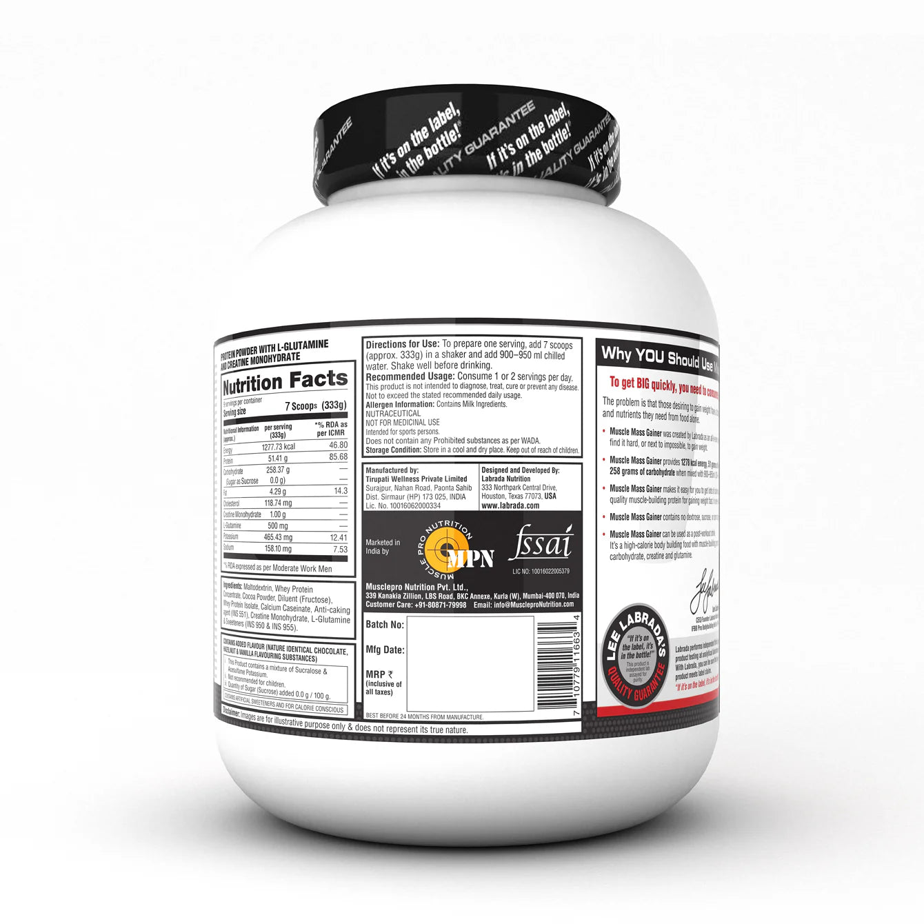 White supplement container with black and red label on a white background