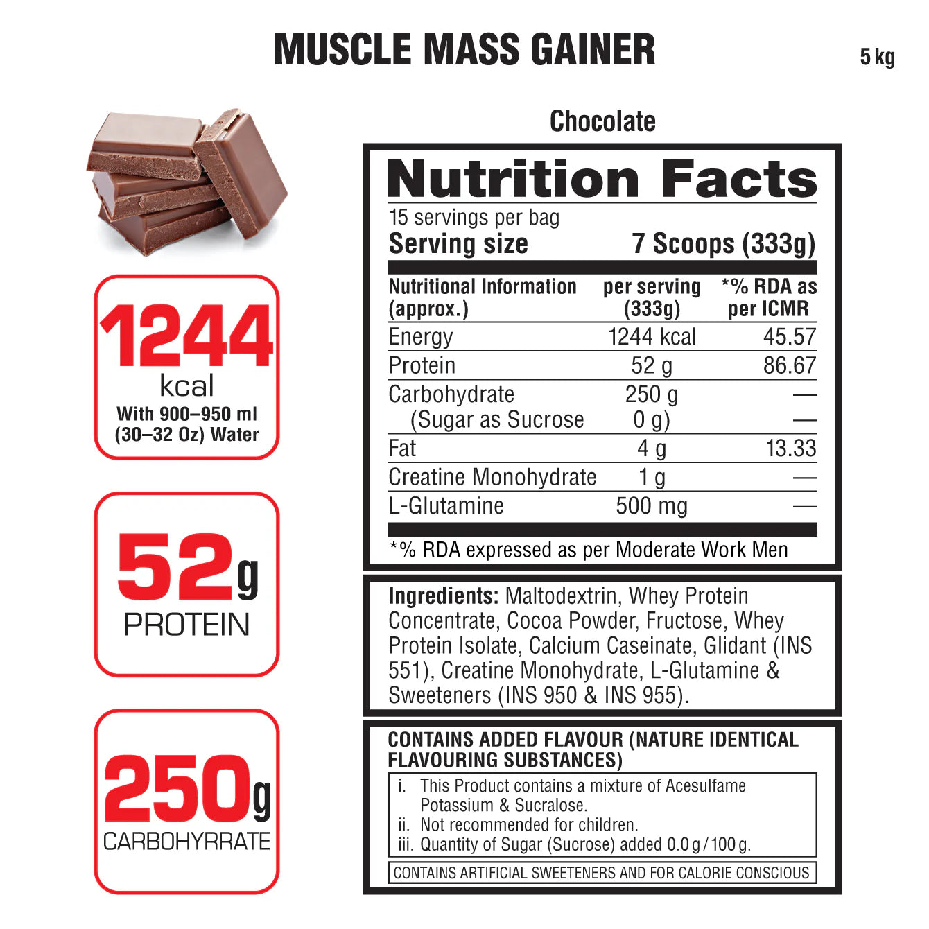 Nutrition facts label for a chocolate muscle mass gainer supplement.