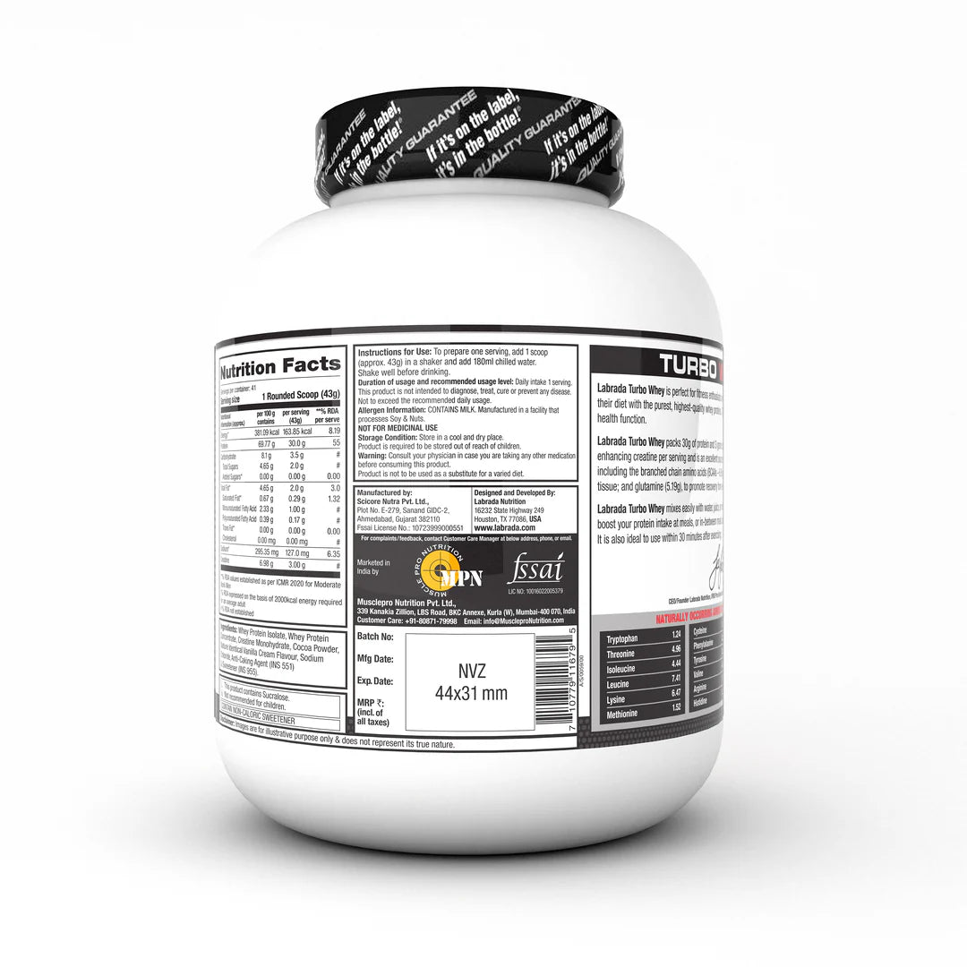White protein powder container with black label on a white background