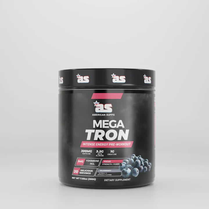 Supplement container labeled 'Mega Tron' on a gray background
