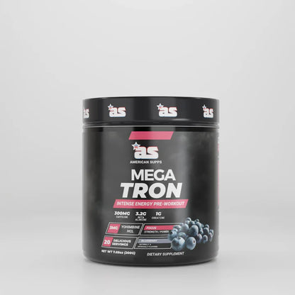 Supplement container labeled 'Mega Tron' on a gray background