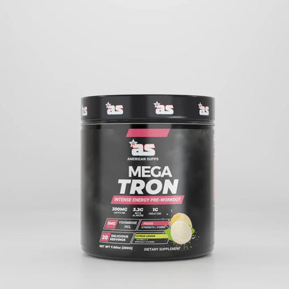 Black supplement container labeled 'Mega Tron' on a gray background