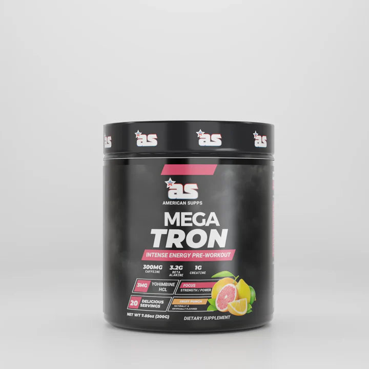 Black supplement container labeled 'Mega Tron' with American Supps branding on a gray background