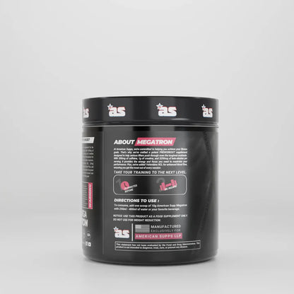 Black supplement container with white text on a gray background