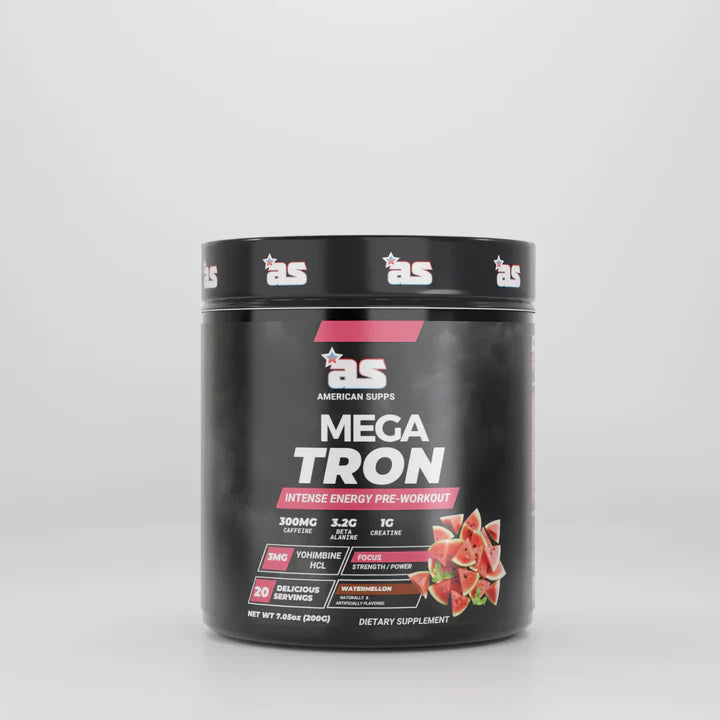 Black supplement container labeled 'Mega Tron' by American Supps on a gray background
