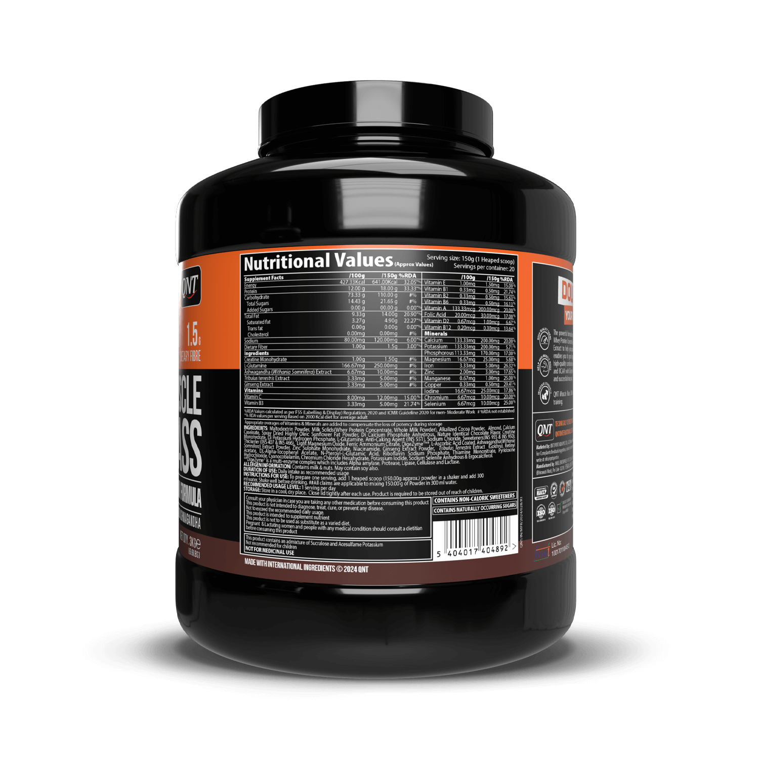 Black supplement container with nutritional label on a black background