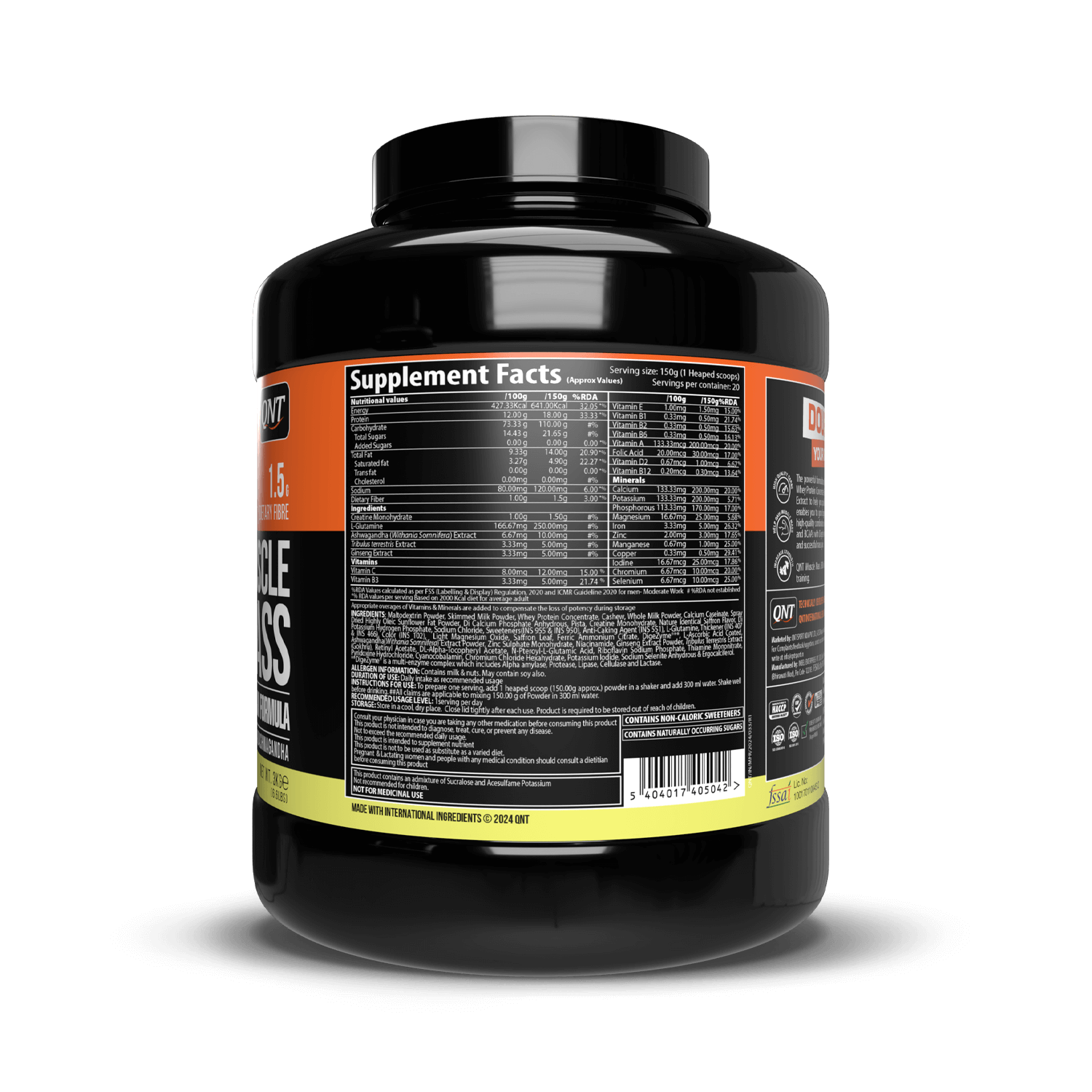 Black supplement container with detailed label on a black background