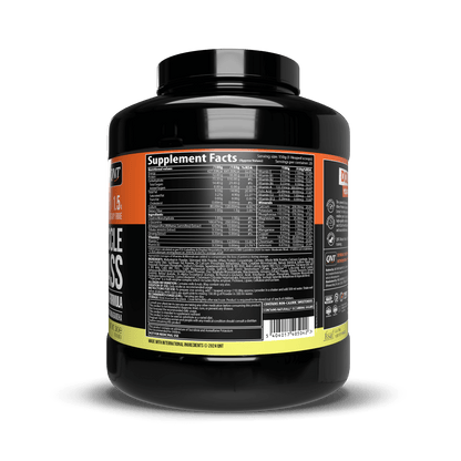 Black supplement container with detailed label on a black background