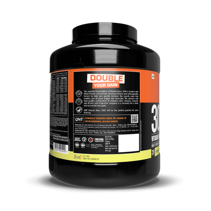 Black supplement container with orange and yellow label on a black background