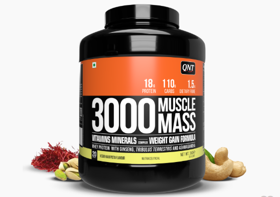 Protein supplement container labeled '3000 Muscle Mass' on a white background