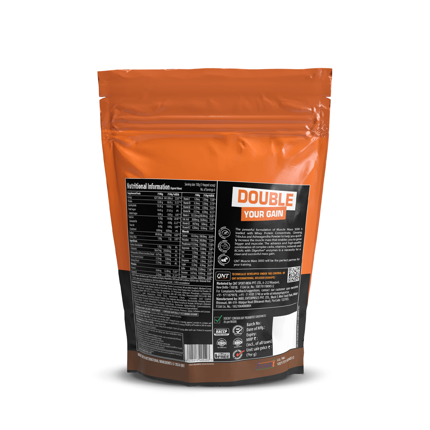 Orange protein powder package with nutritional information on a black background