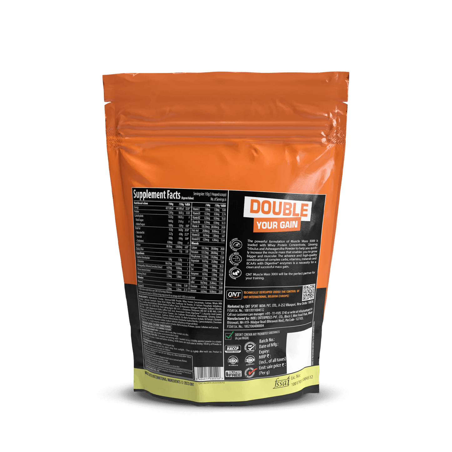 Orange supplement package with nutritional information on a black background