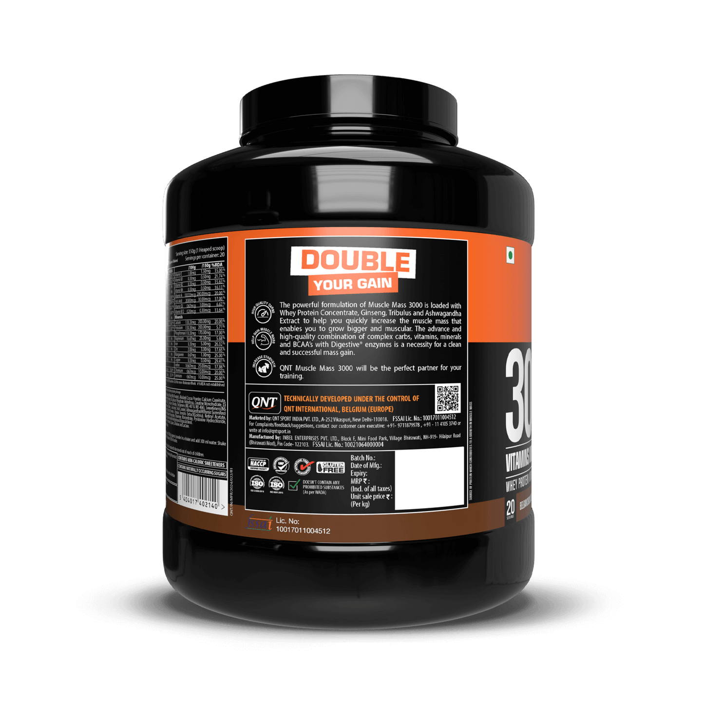 Supplement container with 'Double Your Gain' label on a black background