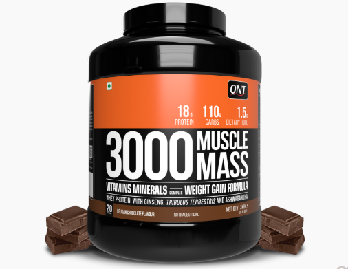 Black supplement container labeled '3000 Muscle Mass' with orange and white text on a white background.