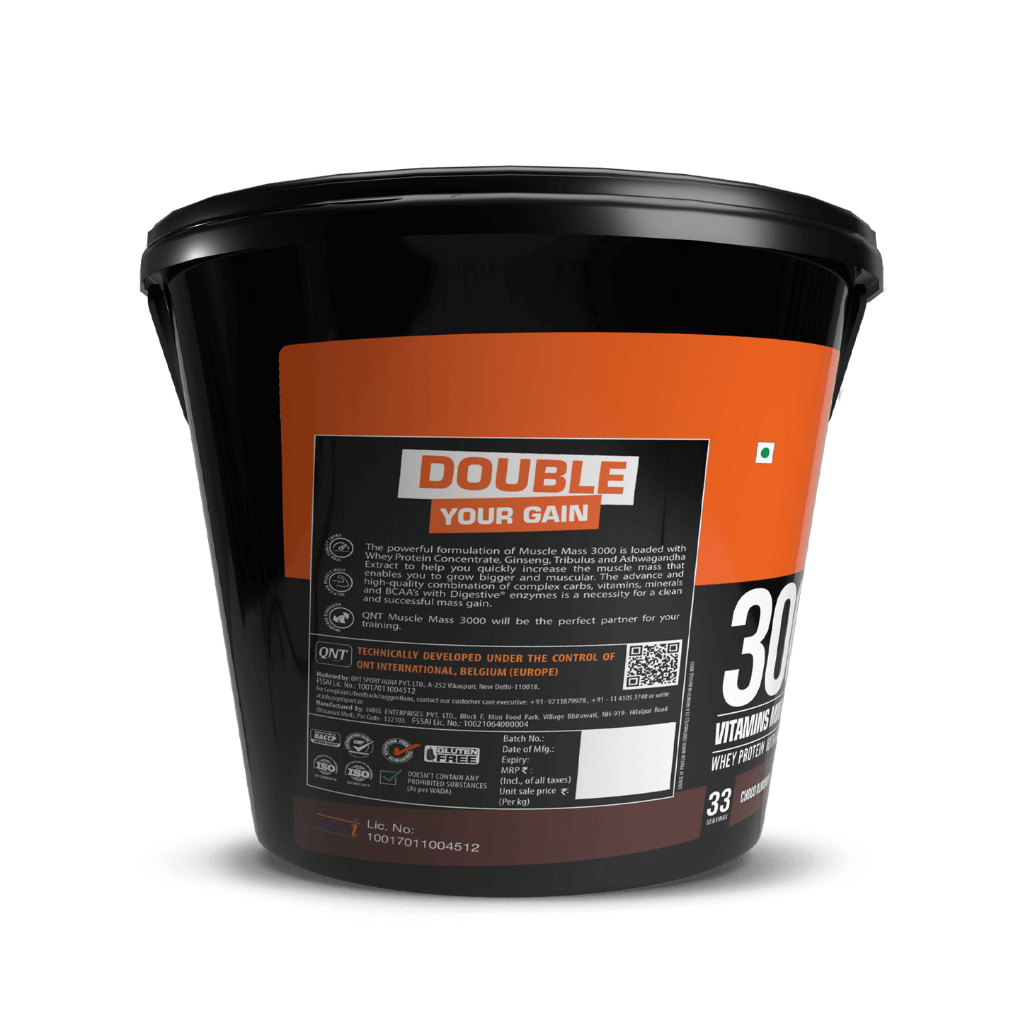 Black container with orange label featuring 'Double Your Gain' on a black background