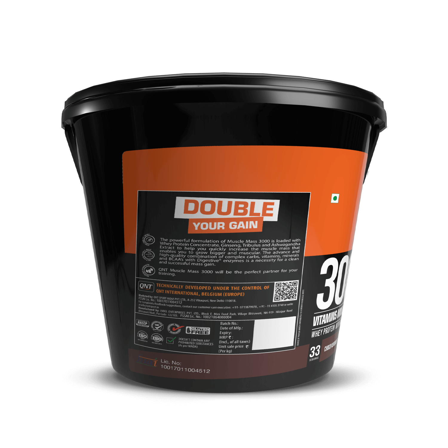Black container with orange label featuring 'Double Your Gain' on a black background