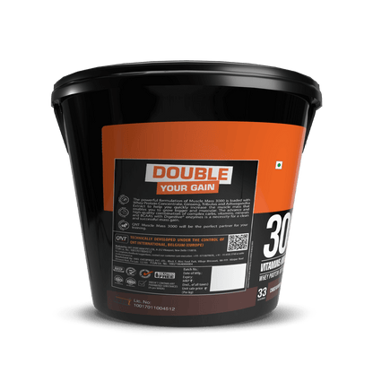 Black container with orange label featuring 'Double Your Gain' on a black background