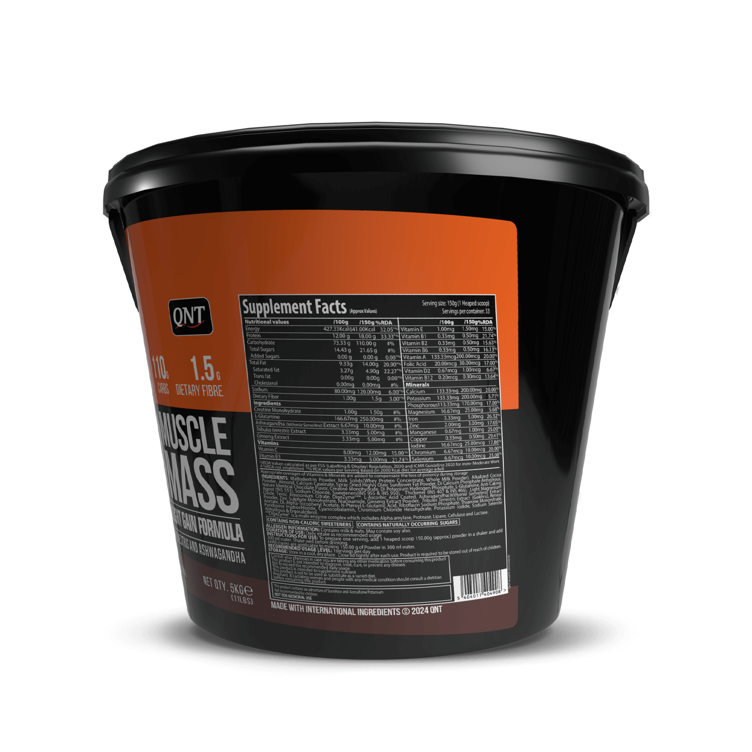 Black container with orange label featuring supplement facts and branding on a black background
