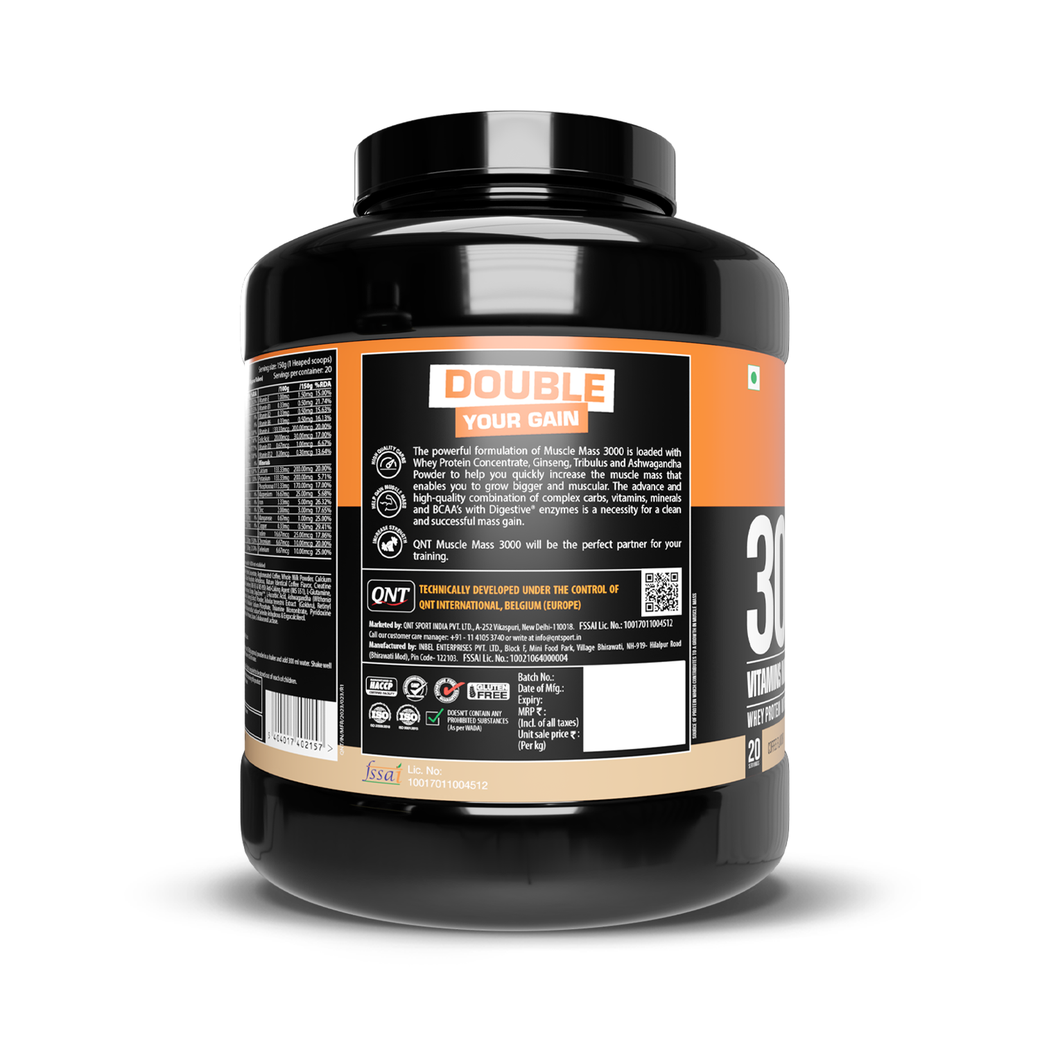 Black supplement container with orange and white label on a white background