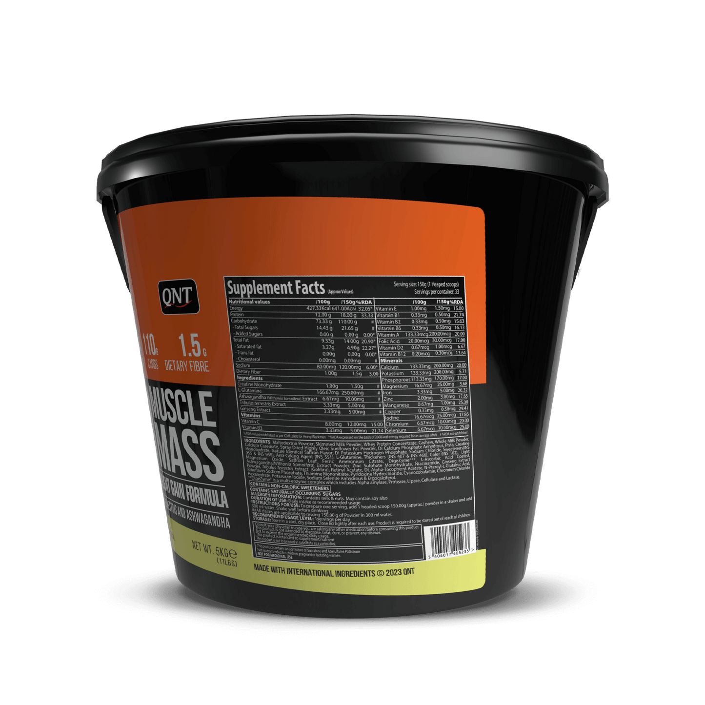 Black container with orange label featuring 'QNT Muscle Mass' supplement on a black background