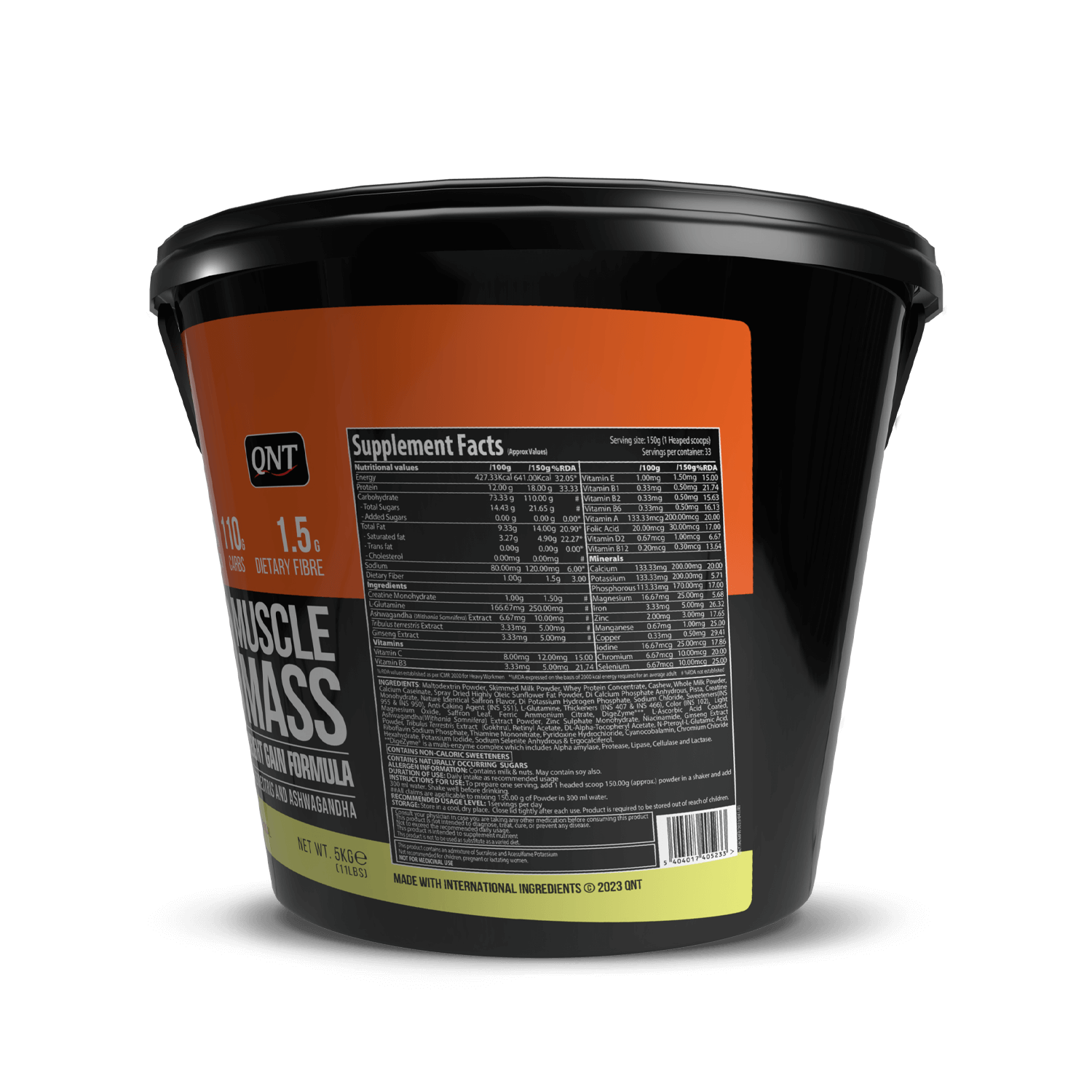 Black container with orange label featuring 'QNT Muscle Mass' supplement on a black background
