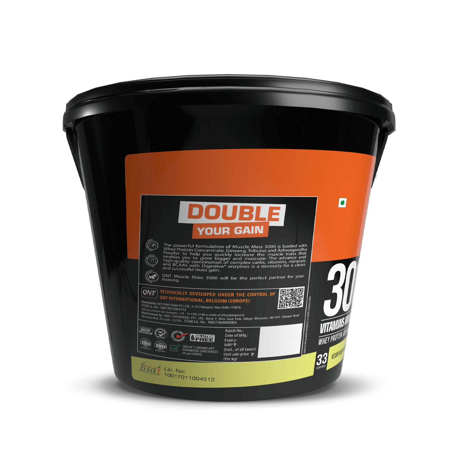 Black container with orange label featuring 'Double Your Gain' on a black background