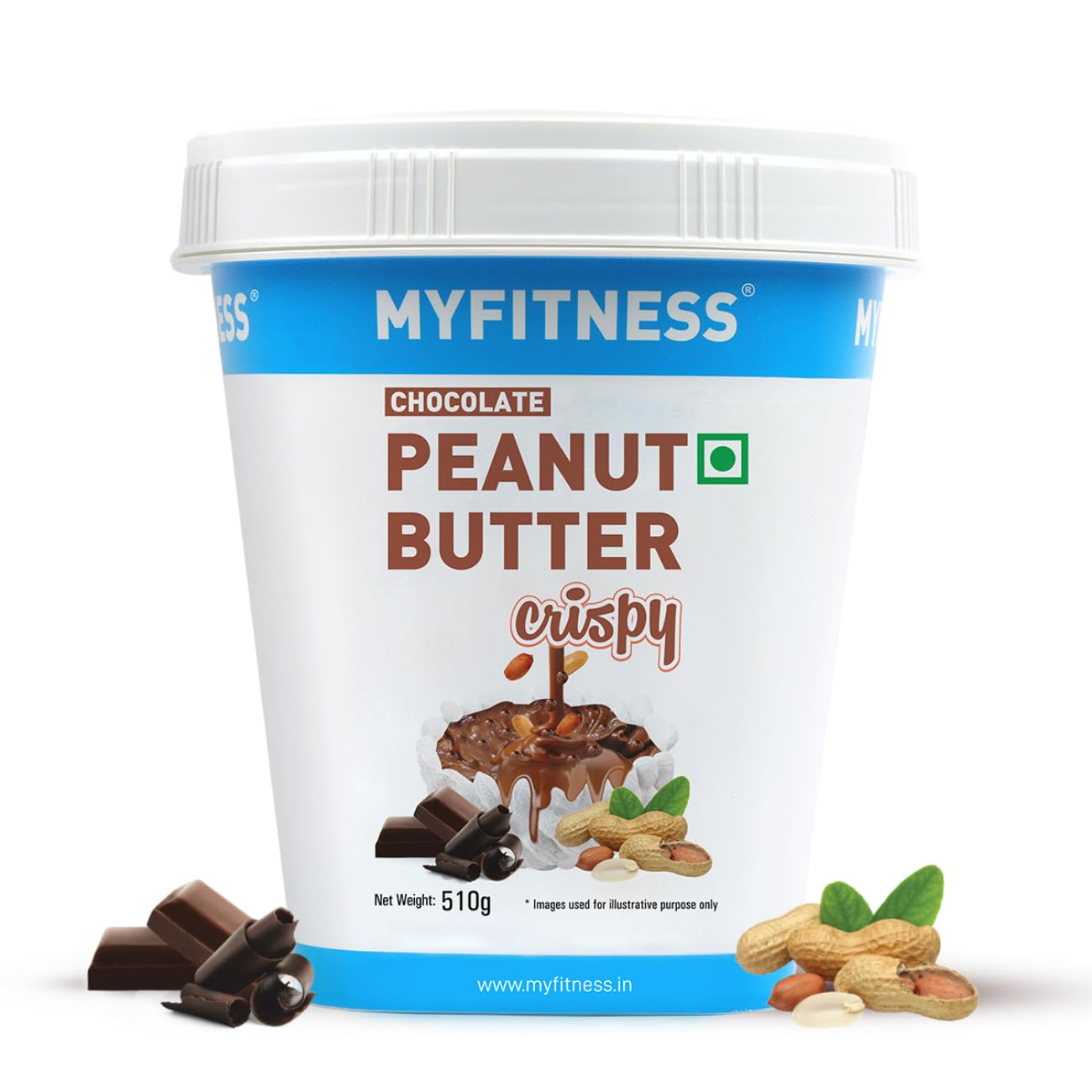 MyFitness Chocolate Peanut Butter Crispy container with chocolate pieces and peanuts on a white background