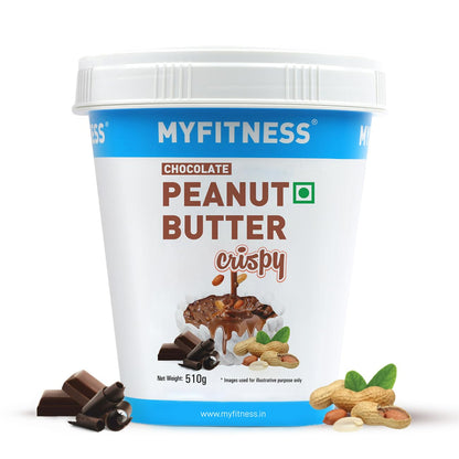 MyFitness Chocolate Peanut Butter Crispy container with chocolate pieces and peanuts on a white background