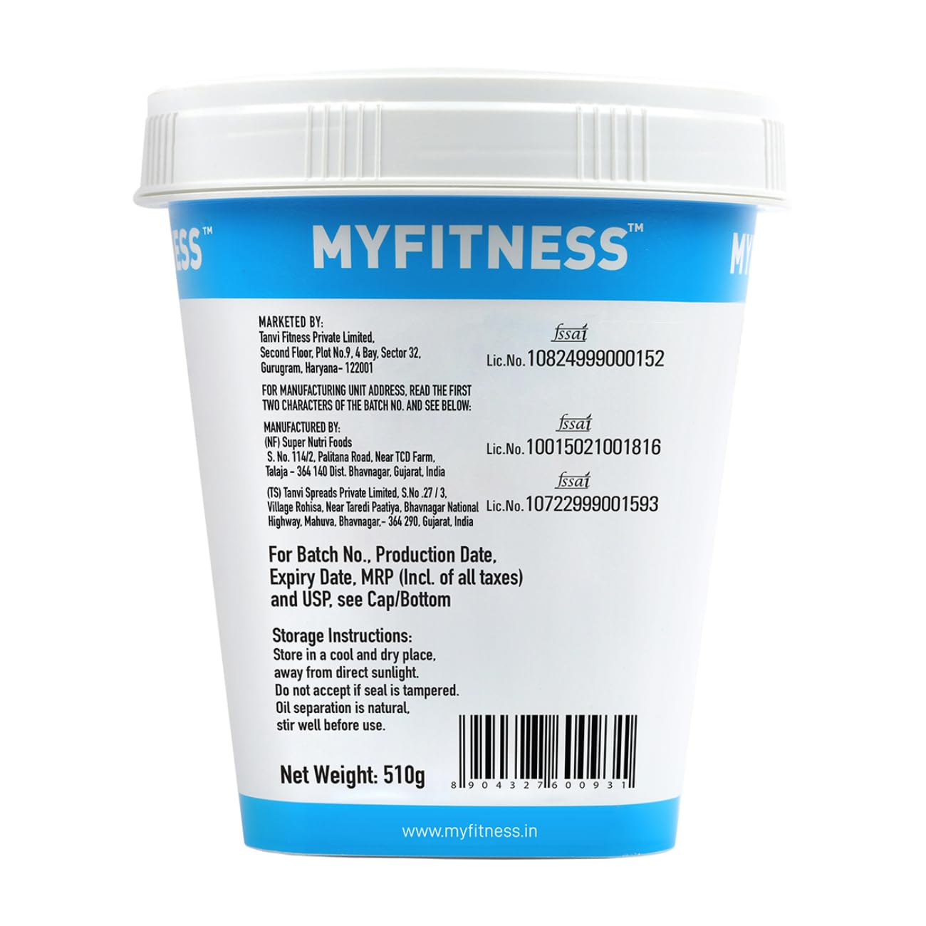 Back view of a MyFitness protein powder container with text and branding.